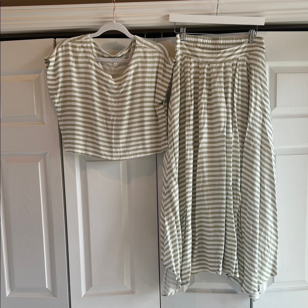 Blu Pepper Olive and White Striped Skirt Set